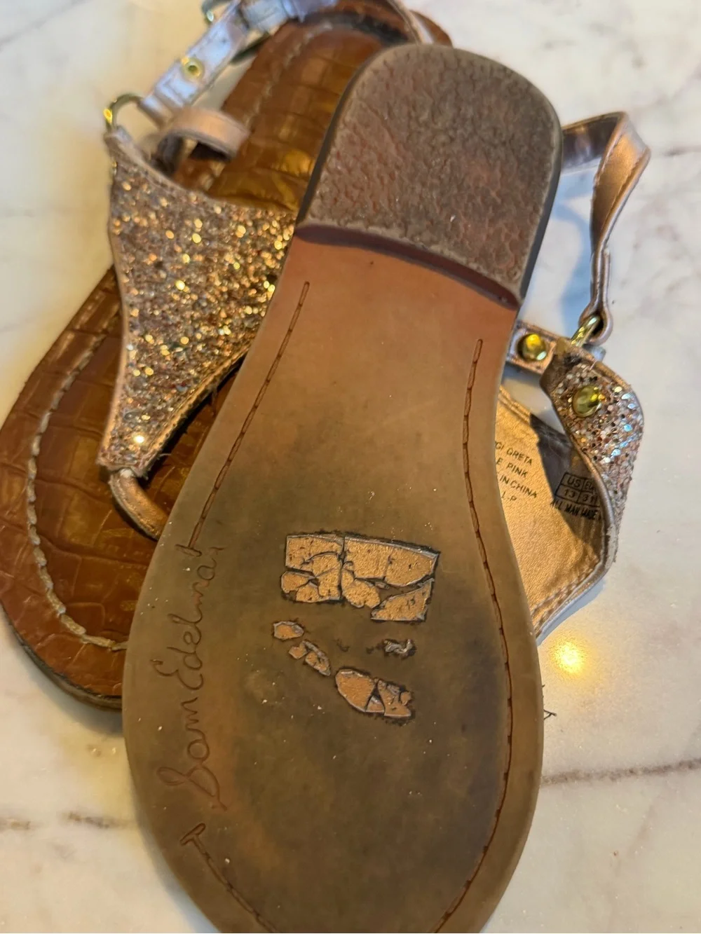Sam Edelman Glitter T-Strap Sandals in Rose Gold Girl’s 13